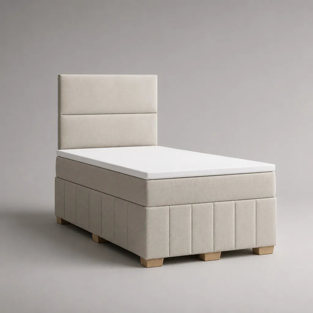 Set letto singolo continentale imbottito con testiera, materasso e topper 90 x 200 cm, beige e bianco