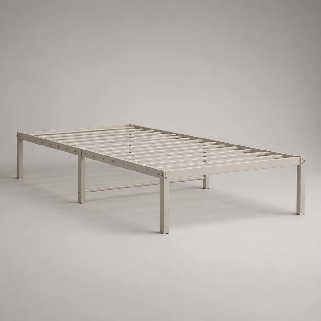 Rete letto singolo 90 × 200 cm in acciaio beige chiaro con doghe, rinforzo centrale e 6 gambe, altezza 36 cm