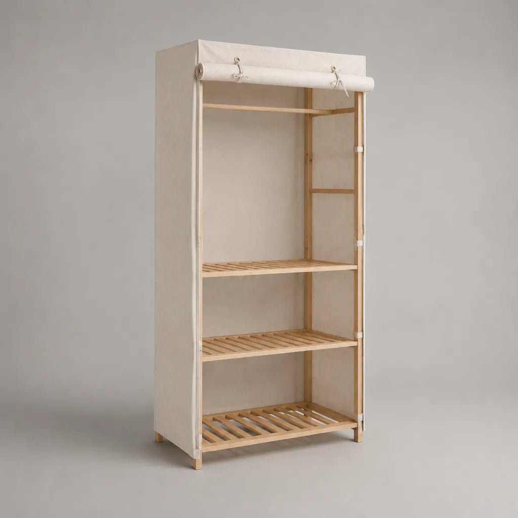 Armadio guardaroba rettangolare in pino massello con telo beige, 3 ripiani e barra appendiabiti, 80 × 45 × 170 cm