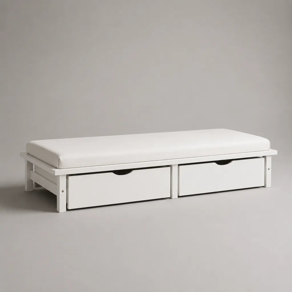 Letto singolo in legno bianco con 2 cassetti, rete e materasso in schiuma, superficie di riposo 90 × 200 cm, dimensioni 205 × 96 × 52 cm