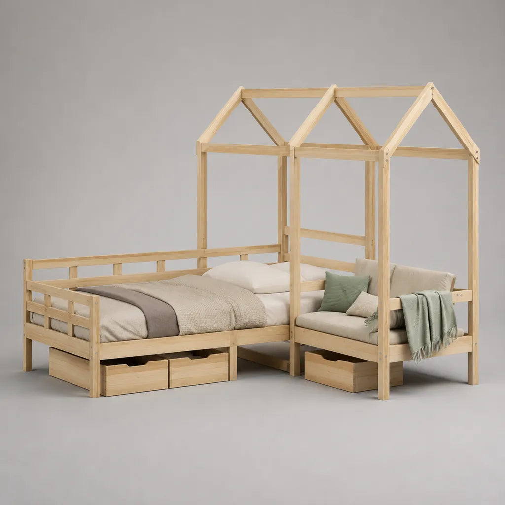 Composizione a L di 2 letti per bambini in legno massiccio con struttura a casetta, naturale, 90 × 200 cm e 80 × 160 cm