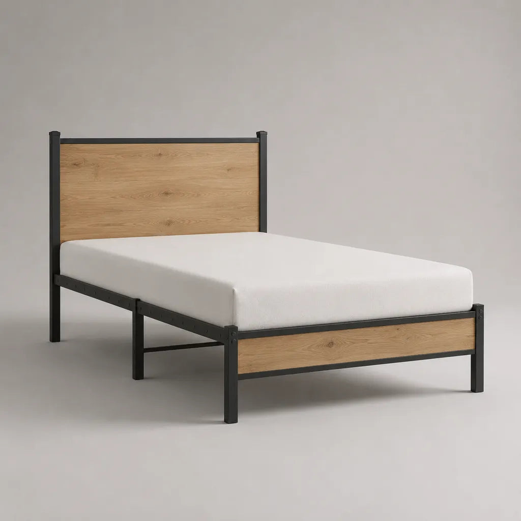 Struttura letto matrimoniale francese 140 x 200 cm in acciaio e MDF, nero e rovere naturale