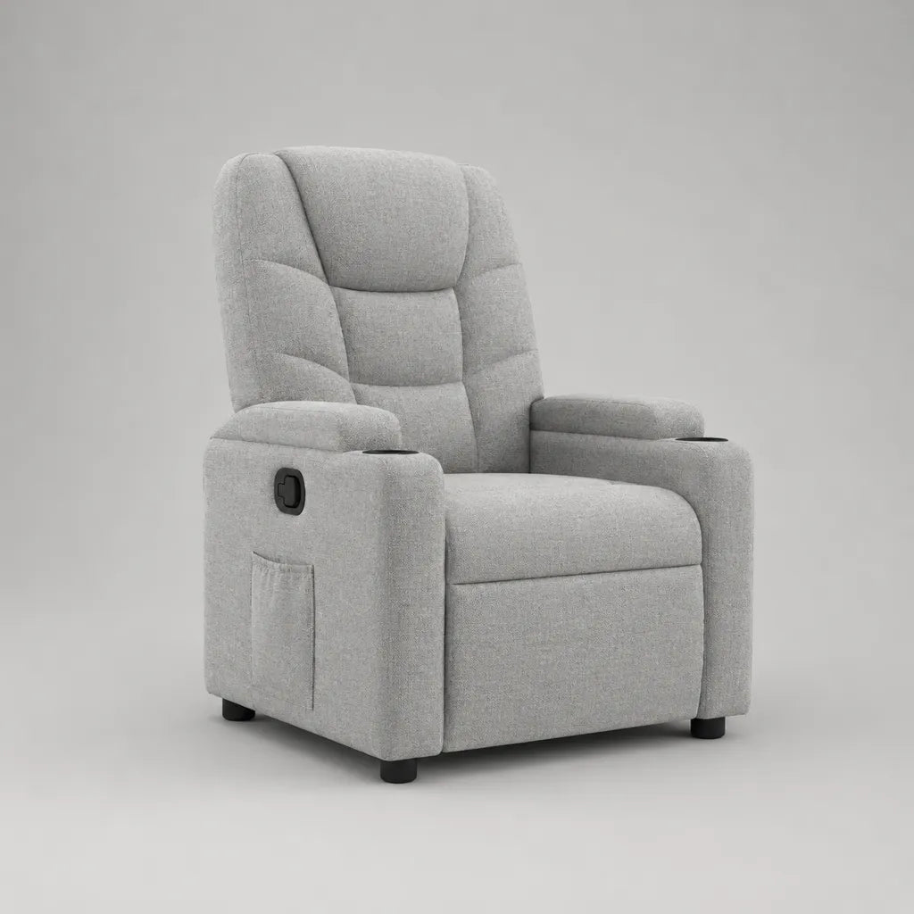 Poltrona reclinabile manuale in poliestere grigio chiaro con schienale alto, poggiapiedi, 2 portabicchieri e tasca laterale, 88 × 92 × 104 cm