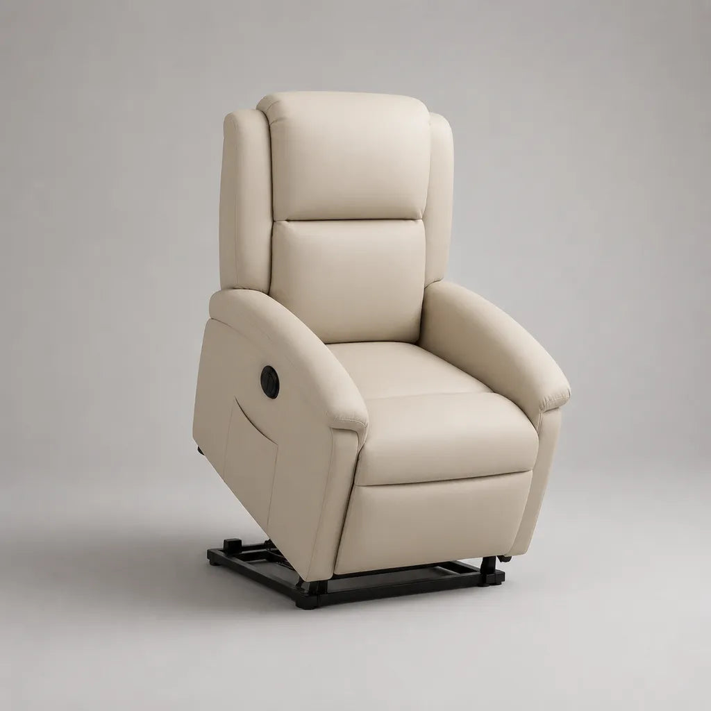 Poltrona relax alzapersona elettrica in pelle sintetica beige con schienale alto, 75 × 90 × 108 cm