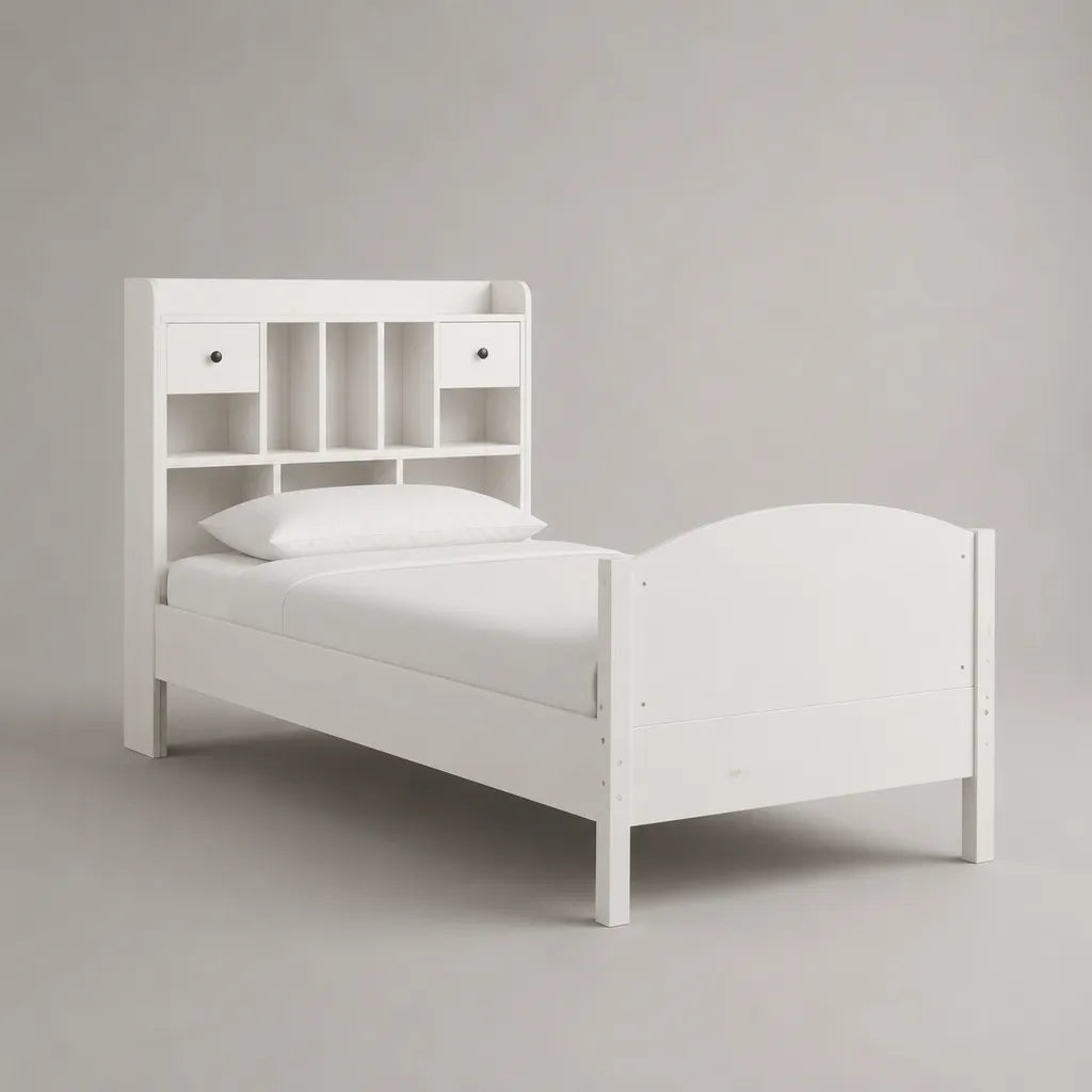Letto singolo 90 × 190 cm in MDF bianco con testiera contenitore, ripiani e 2 cassetti