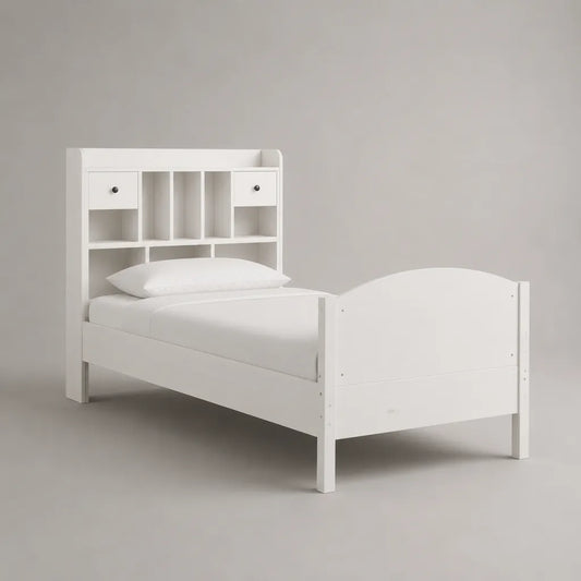 Letto singolo 90 × 190 cm in MDF bianco con testiera contenitore, ripiani e 2 cassetti