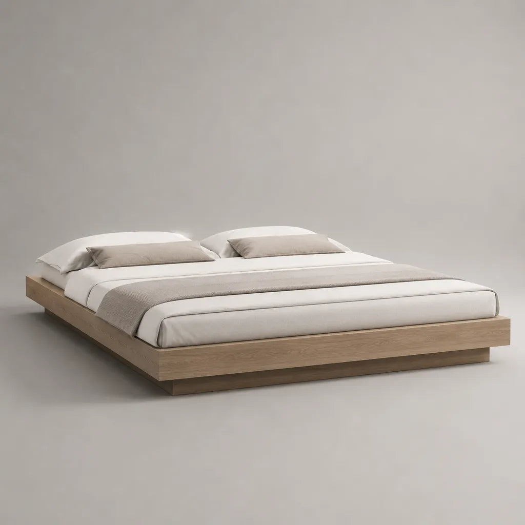 Struttura letto matrimoniale a piattaforma senza testiera in legno, rovere naturale e marrone scuro, 220 x 180 x 30 cm, per materasso 160 x 200 cm