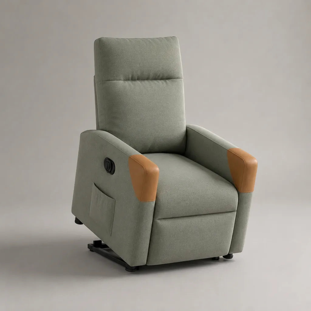 Poltrona reclinabile manuale in tessuto e pelle sintetica verde salvia e cammello, 70 × 85 × 105 cm