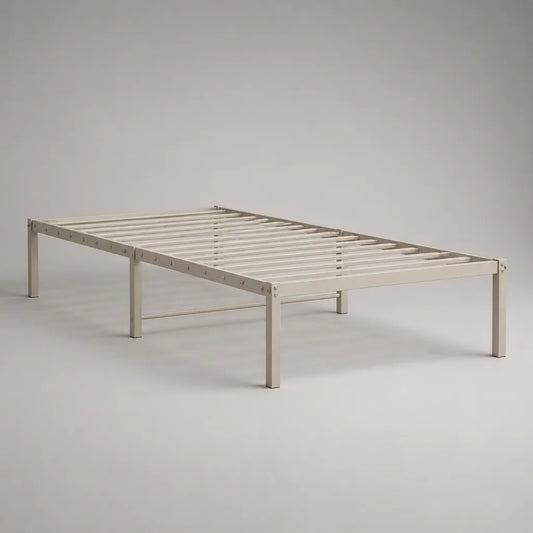 Rete letto singolo 90 × 200 cm in acciaio beige chiaro con doghe, rinforzo centrale e 6 gambe, altezza 36 cm