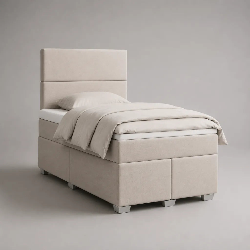 Letto boxspring singolo imbottito beige con testiera e materasso 90 x 200 cm, dimensioni 100 x 210 x 120 cm