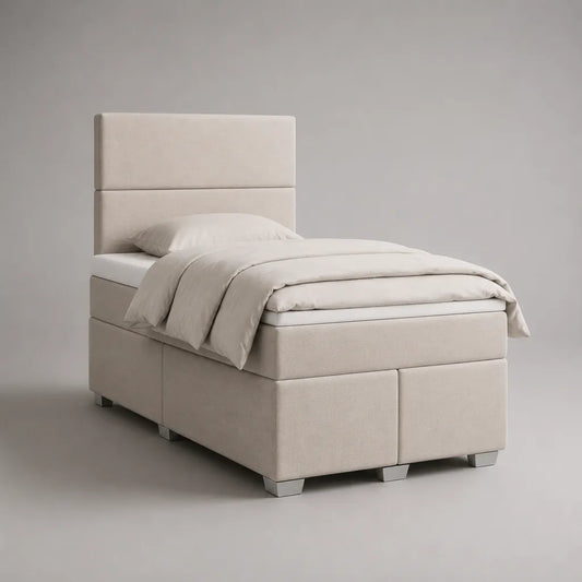 Letto boxspring singolo imbottito beige con testiera e materasso 90 x 200 cm, dimensioni 100 x 210 x 120 cm