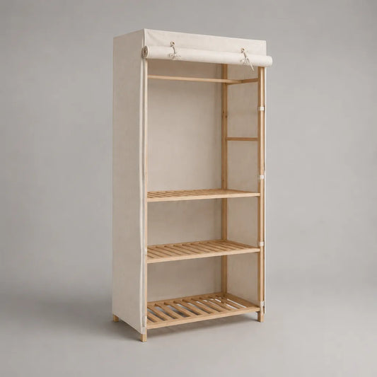 Armadio guardaroba rettangolare in pino massello con telo beige, 3 ripiani e barra appendiabiti, 80 × 45 × 170 cm