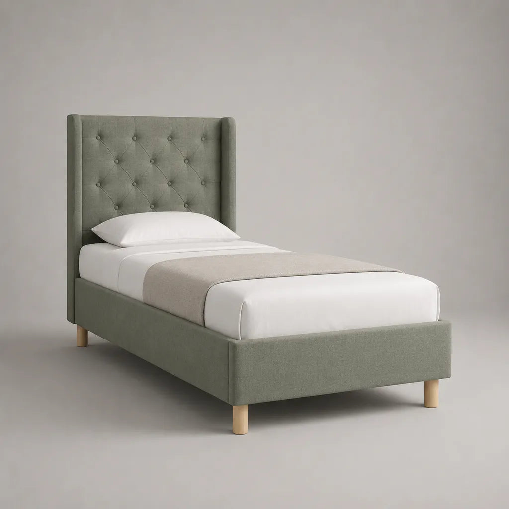 Letto singolo imbottito 90 x 200 cm in tessuto verde salvia con testiera capitonné
