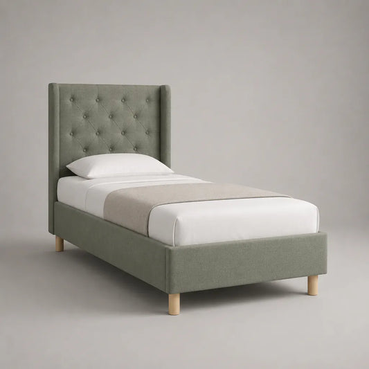Letto singolo imbottito 90 x 200 cm in tessuto verde salvia con testiera capitonné
