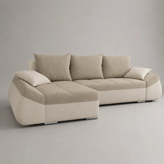 Divano angolare 4 posti in tessuto beige e tortora con chaise longue sinistra, 280 x 170 x 90 cm