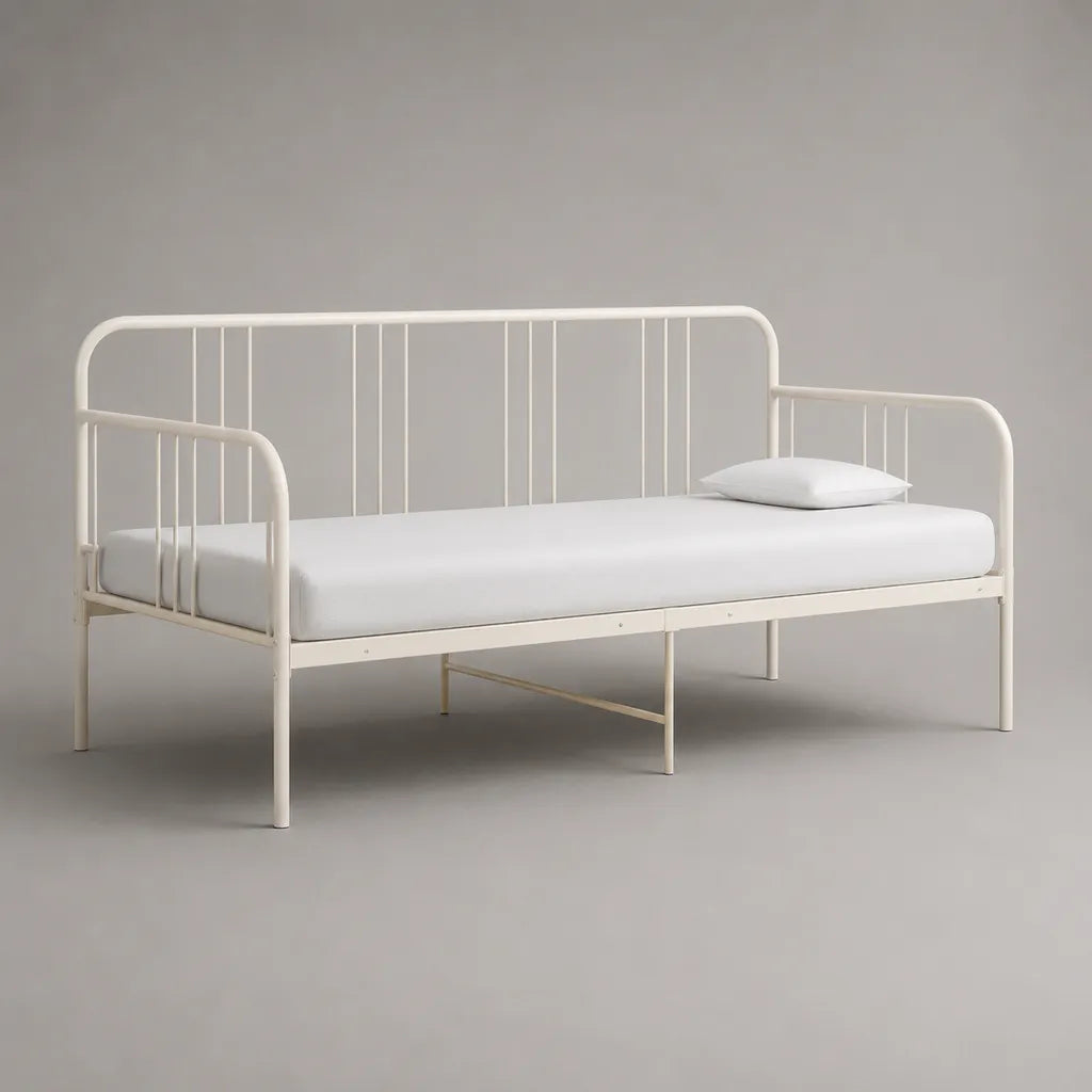 Letto-divano singolo in acciaio bianco per materasso 90 x 200 cm, dimensioni 208 x 96 x 95 cm