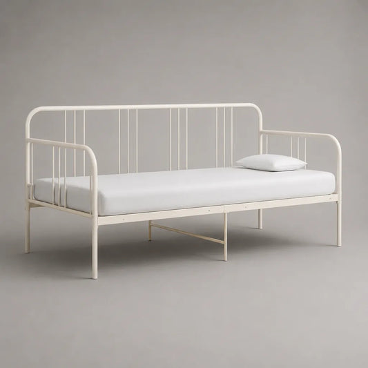 Letto-divano singolo in acciaio bianco per materasso 90 x 200 cm, dimensioni 208 x 96 x 95 cm