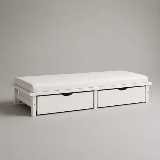 Letto singolo in legno bianco con 2 cassetti, rete e materasso in schiuma, superficie di riposo 90 × 200 cm, dimensioni 205 × 96 × 52 cm