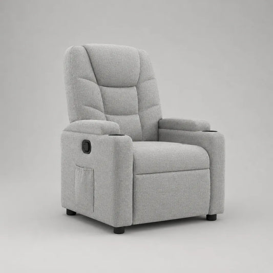 Poltrona reclinabile manuale in poliestere grigio chiaro con schienale alto, poggiapiedi, 2 portabicchieri e tasca laterale, 88 × 92 × 104 cm