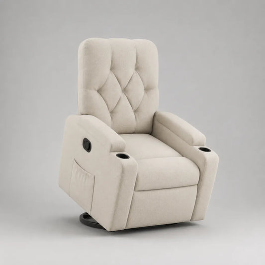Poltrona reclinabile manuale girevole in tessuto beige 90 × 94 × 104 cm con poggiapiedi e 2 portabicchieri