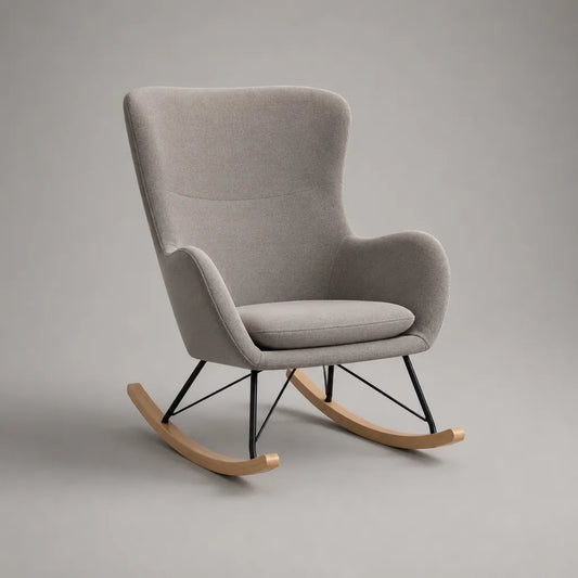 Poltrona a dondolo con schienale alto in tessuto, metallo e legno, grigio chiaro, nero e naturale, 74 × 93 × 101 cm