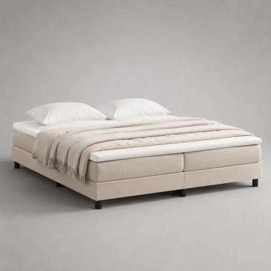 Letto boxspring matrimoniale 180 × 200 cm in tessuto beige con 2 materassi e topper, senza testiera