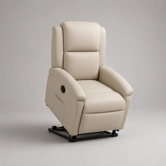 Poltrona relax alzapersona elettrica in pelle sintetica beige con schienale alto, 75 × 90 × 108 cm
