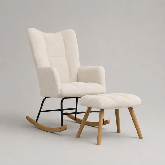 Set da 2 pezzi con sedia a dondolo e poggiapiedi in tessuto, metallo e legno, bianco crema, 70 x 90 x 100 cm e 58 x 42 x 40 cm