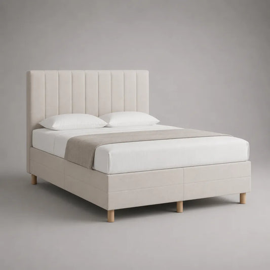 Letto matrimoniale imbottito in tessuto beige 172 × 215 × 112 cm, per materasso 160 × 200 cm, con testiera a pannelli verticali