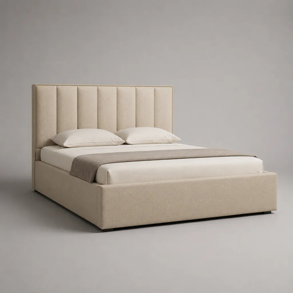 Letto matrimoniale imbottito beige con testiera rettangolare e rete a doghe, 160 × 200 cm
