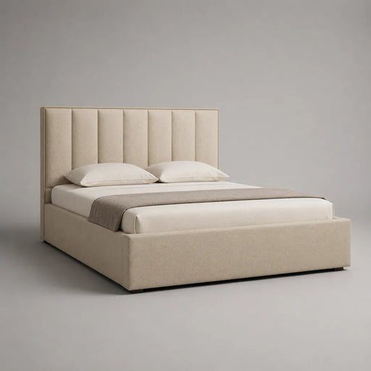 Letto matrimoniale imbottito beige con testiera rettangolare e rete a doghe, 160 × 200 cm