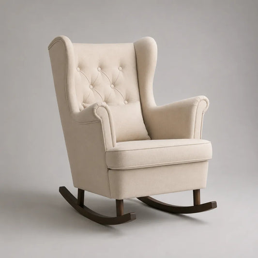 Poltrona a dondolo imbottita con schienale alto in poliestere beige e pattini in massello di hevea marrone scuro, 76 x 92 x 105 cm