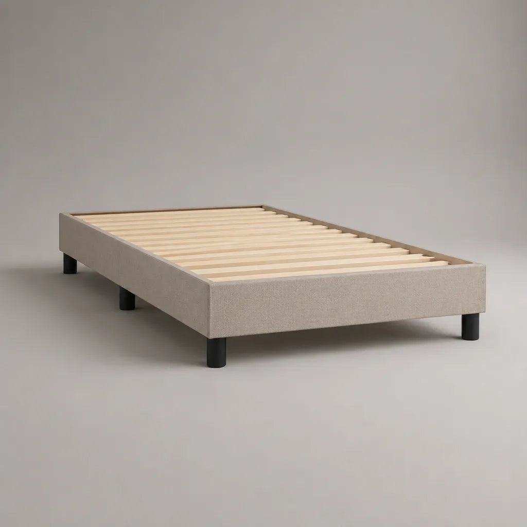 Struttura letto singolo imbottita in tessuto con rete a doghe, 95 x 205 x 31 cm, per materasso 90 x 200 cm, beige e nero