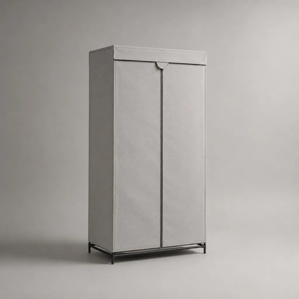 Armadio guardaroba rettangolare in tessuto e acciaio, grigio chiaro e nero, 75 x 45 x 160 cm