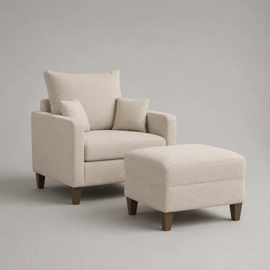 Set da interno con poltrona e poggiapiedi rettangolare in poliestere crema, 84 x 85 x 92 cm e 66 x 52 x 43 cm